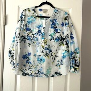 LOFT White Blue Floral Lightweight 100% Cotton Blouse
